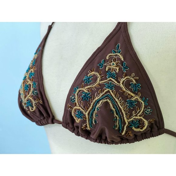 La Vie En Rose Brown Blue Beaded Triangle Bikini - Picture 1 of 5